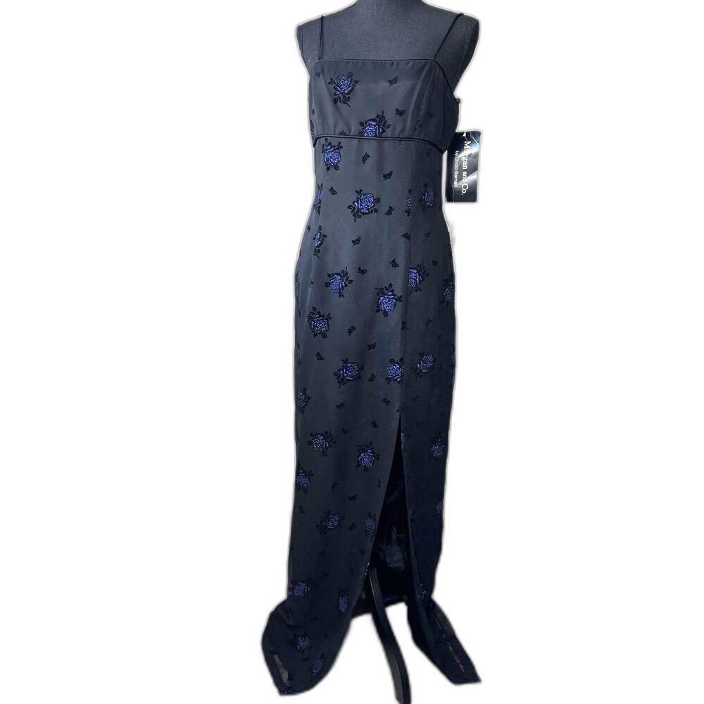 Vintage deadstock Morgan & Co burnout velvet embroidered roses column (10321)